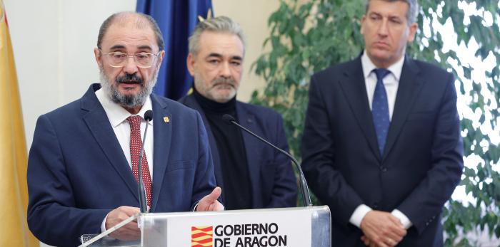 El Presidente de Aragón, Javier Lambán, recibe a los responsables de FINSA y ADEO que emprenden un proyecto común en Platea, Teruel. LUIS CORREAS, Gobierno de Aragón